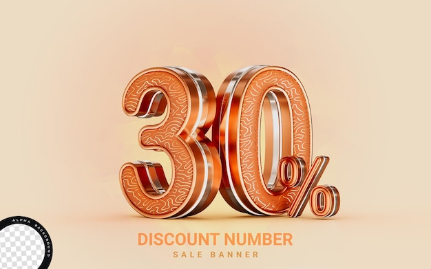 PSD 30 percent discount sale banner gold effect 3d render concept for shopping marketing cash back offer