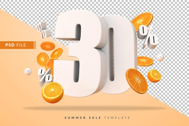 30 percent summer sale concept with cut oranges in 3d render