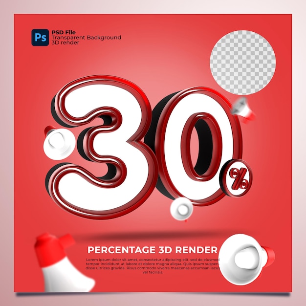 30 percentage 3d render red color with elements