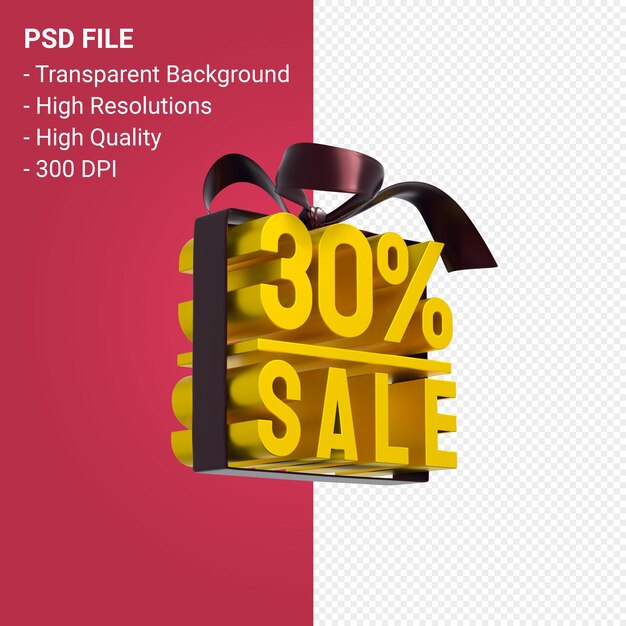 30 percentage sale with bow and ribbon 3d design isolated