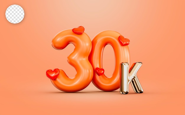 30k volger viering oranje kleur nummer met liefde icoon 3d render concept voor sociale banner