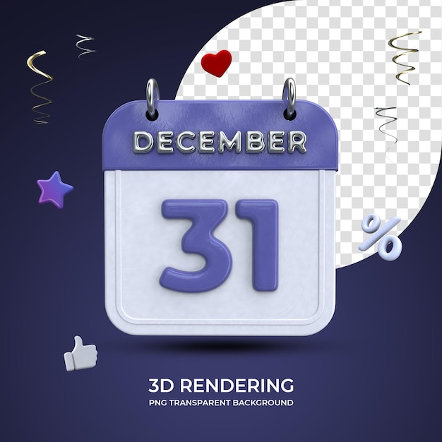 PSD 31 december calendar 3d rendering isolated transparent background