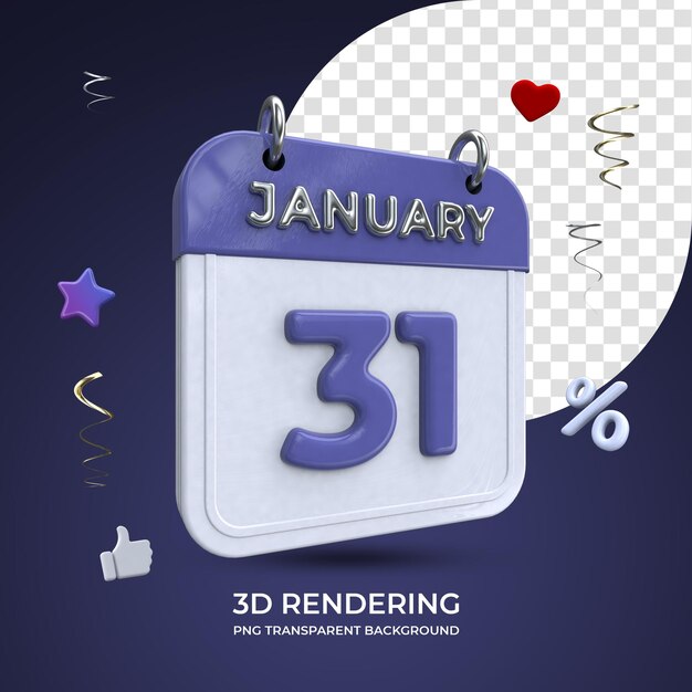 31 january calendar 3d rendering isolated transparent background