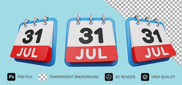 31 lipca kalendarz dzień 3d render premium psd