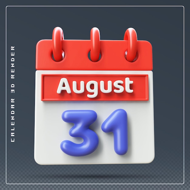 PSD rendering 3d dell'icona del calendario del 31 agosto