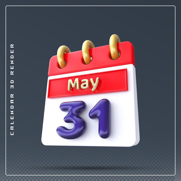 PSD rendering 3d dell'icona del calendario del 31 maggio