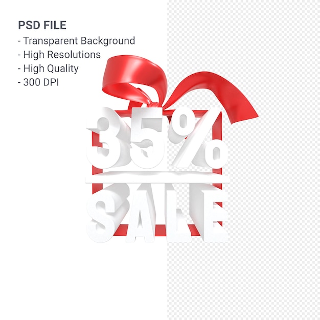 PSD vendita del 35% con fiocco e nastro 3d design isolato