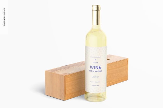 Mockup di bottiglia di vino da 350 ml con scatola di legno sdraiata