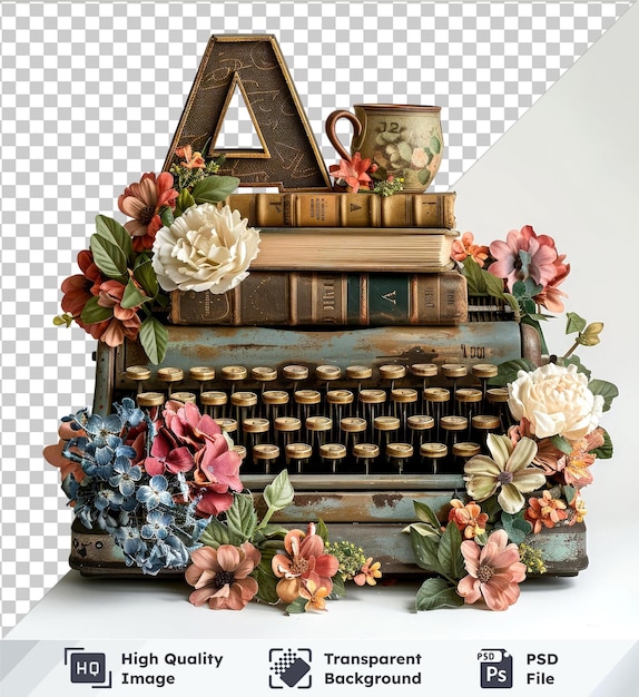 PSD 399 hoogwaardige vintage brief een met boeken koffie schrijfmachine en bloemen omringd door kleurrijke