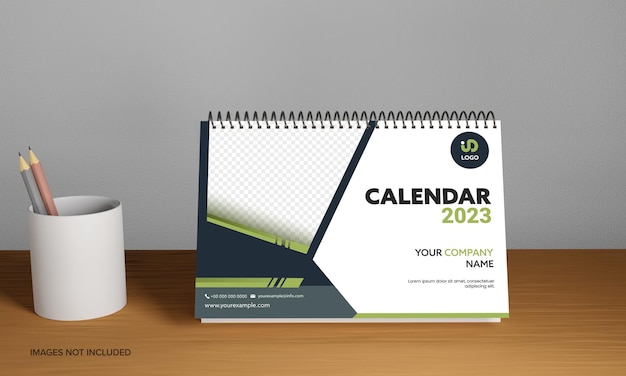 PSD 3d 2023 jaarlijkse bureaukalender met ruimte voor afbeelding of tekst potloodmok op grijze en bruine achtergrond