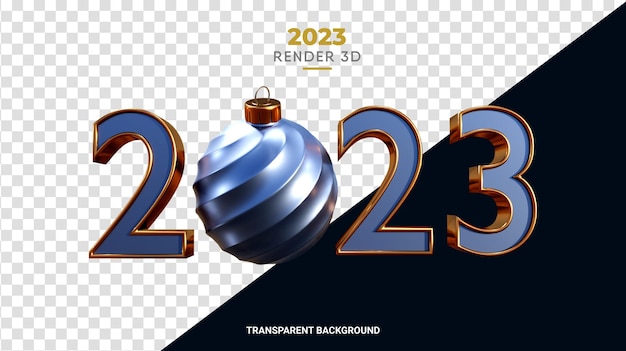 PSD 3d 2023 with christmas ball render glossy bronze and blue texture for the happy new year