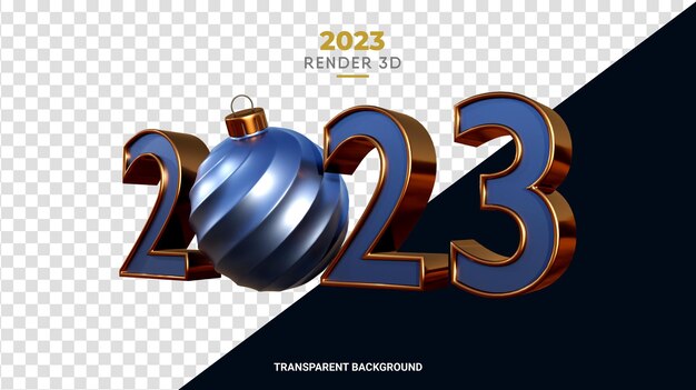 3d 2023 z bombką świąteczną renderuje błyszczącą brązową i niebieską teksturę na szczęśliwego nowego roku