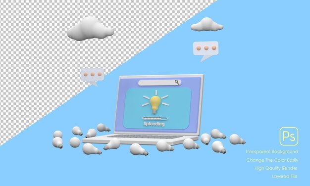 3d電球をシンボルとして他とは異なる創造性をアップロードするラップトップxa