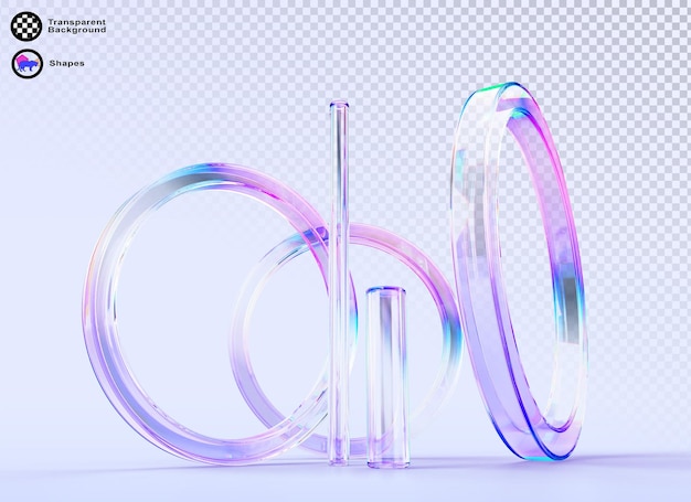3d abstract glass liquid transparent rings and cylinders background rainbow geometric shapes with hologram gradient texture render futuristic circular portal frames and tube lines