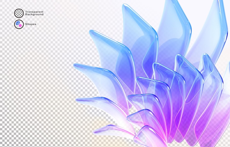 PSD 3d abstracte geometrische achtergrond met doorzichtig regenboogglas in de vorm van een bloem iridescent kristal rechthoek gebogen golvende platen met blauwe en roze gradiënt textuur licht refractie