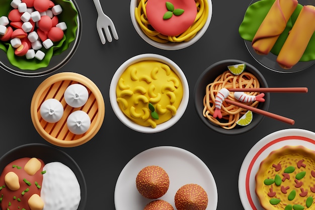 3d-achtergrond met assortiment van gastronomische gerechten