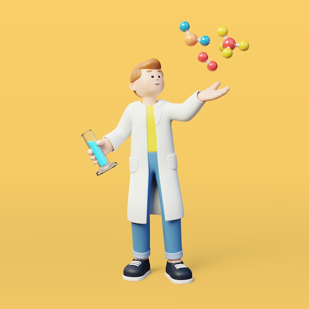 3D-achtergrond van mannelijke wetenschapper poses in laboratoriumjas