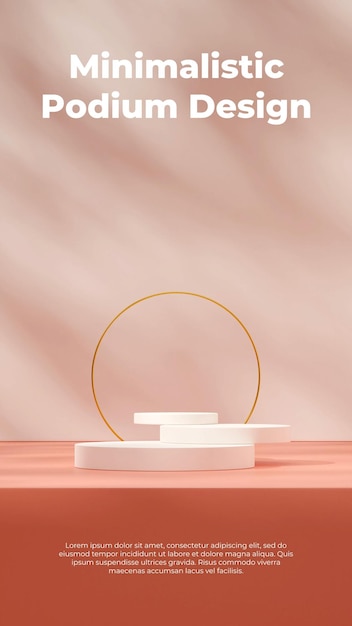 3D-afbeelding render scene mockup van wit gestapeld podium in portret met gouden ring en roze vloer