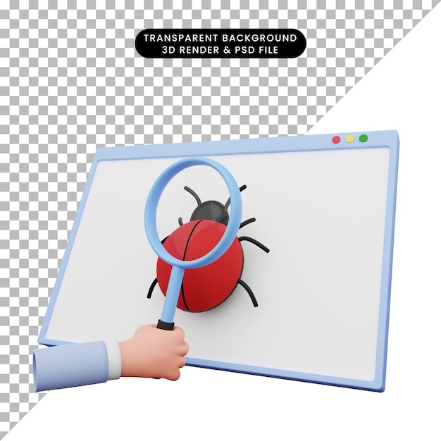 PSD 3d-afbeelding van hand met vergrootglas naar bug op web