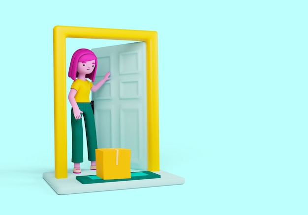 3d-afbeelding van vrouwelijk personage dat een doos aan de deur krijgt