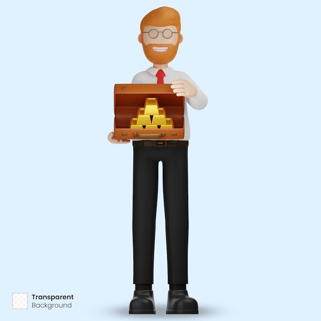 3d-afbeelding zakenman en koffer gold bar