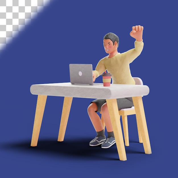 ノートパソコンのイラストで祝う3Dアフリカ系アメリカ人のティーンエイジャーの少年
