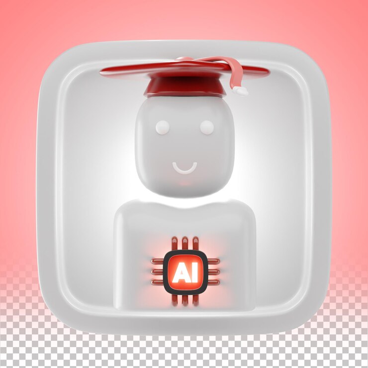 PSD 3d ai graduation robot icon with futuristic academic technology design