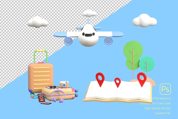 PSD 3d airplane travel tourism plane trip planning world tour luggage with pin location suitcase and map