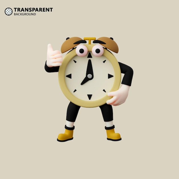 PSD 3d alarm clock character mascot design with thumbs up gesture style, isolated white background