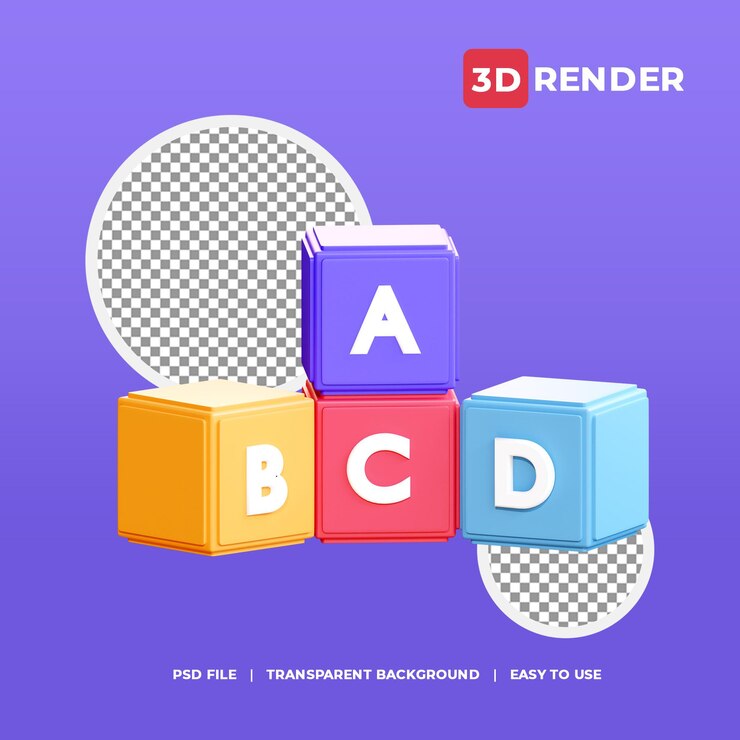 3d alphabet blocks icon with transparent background
