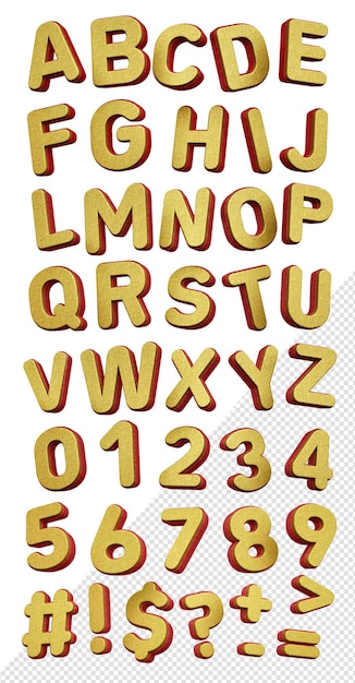 PSD 3d alphabet font bw seido złoty z czerwonym błyszczeniem