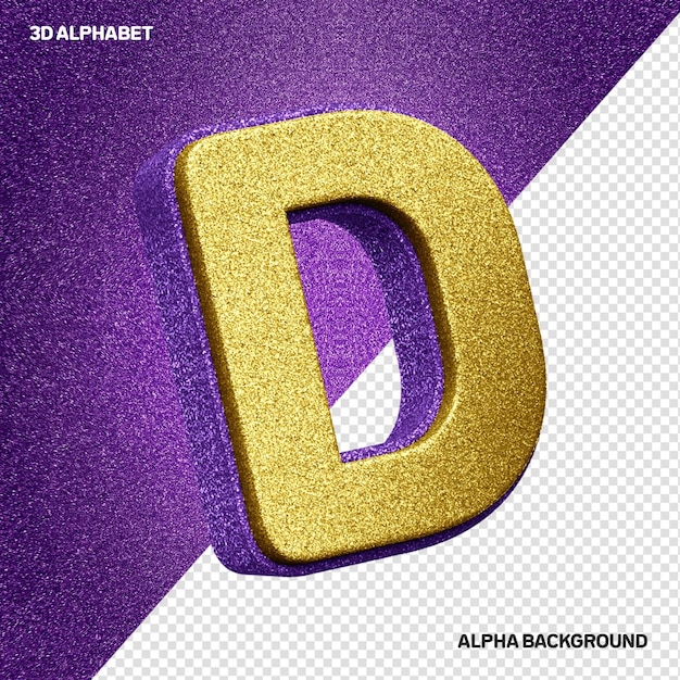 3d alphabet letter d with golden glitter realistic texture with lilacs