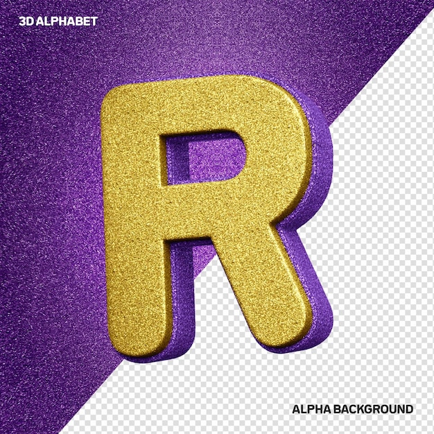 3d alphabet letter r with golden glitter realistic texture with lilacs