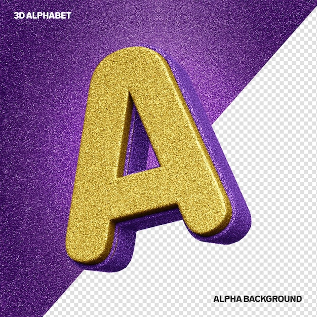 라일락이 있는 황금 반짝이 현실적인 질감이 있는 3D 알파벳 문자 A