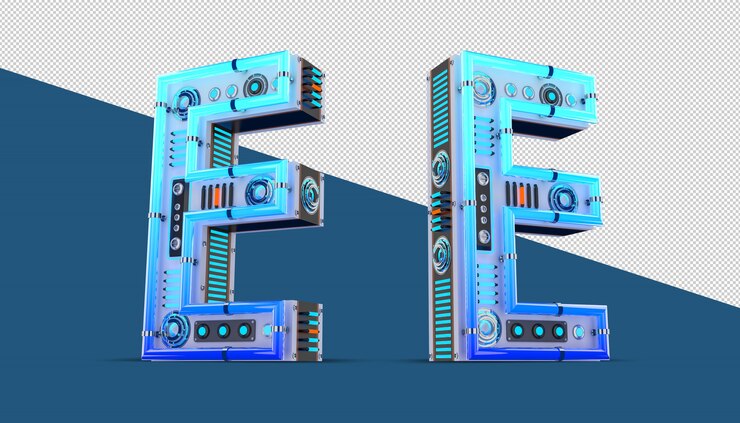 PSD 3d alphabet with blue neon and neon light effect.