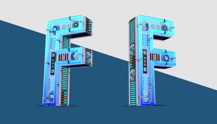PSD 3d alphabet with blue neon and neon light effect.