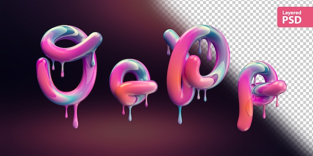 3d alphabet with melting colorful paint. Letters O o P p.