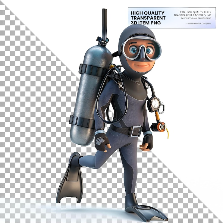 PSD 3d animated scuba diver with diving gear on transparent background