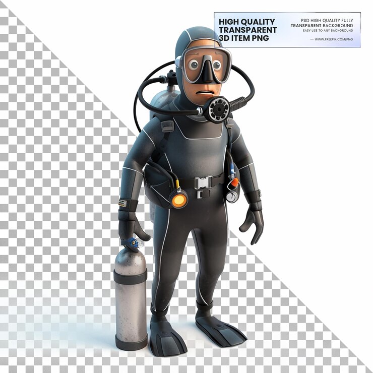 PSD 3d animated scuba diver with diving gear on transparent background