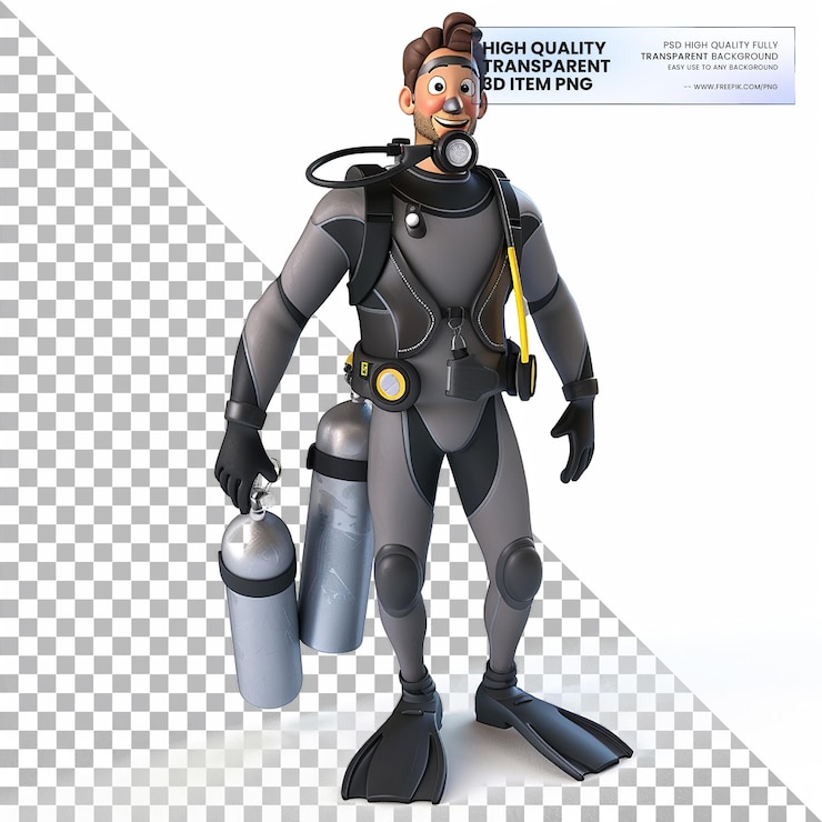 PSD 3d animated scuba diver with diving gear on transparent background