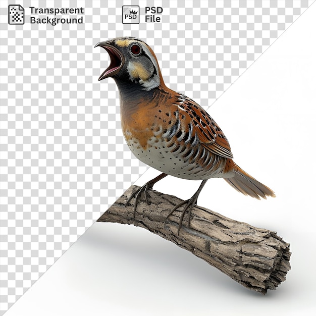 PSD 3d animowany przepiórka siedzący na gałęzi chirp z brązowym skrzydłem czerwone oko i czarny dziób podczas gdy cienka noga i stopa są widoczne na pierwszym planie