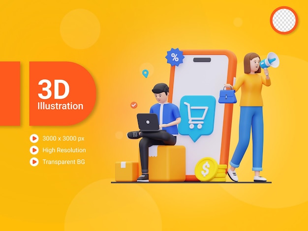 PSD 3d announcement of product discounts in e-commerce illustration