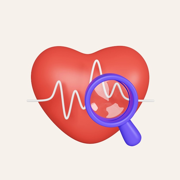 PSD 3d年次健康チェックコンセプト - 心臓の波と白い背景に隔離された拡大鏡のアイコンを持つ心臓 - 3dレンダリングイラスト - クリップパス
