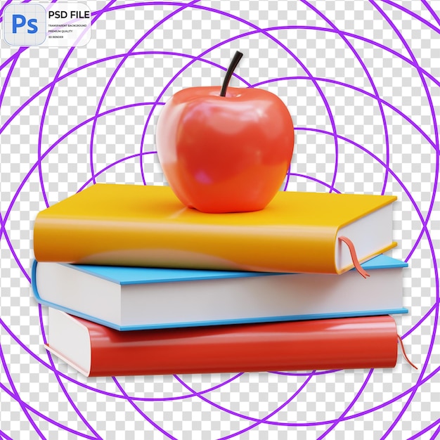 PSD 3d apple и book stack render иллюстрация икона изолированная png