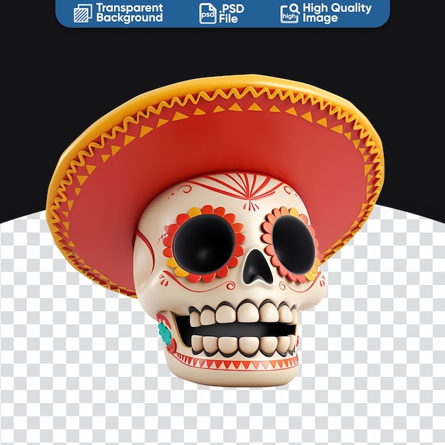 PSD 3d art of mexican hat cute calavera skull