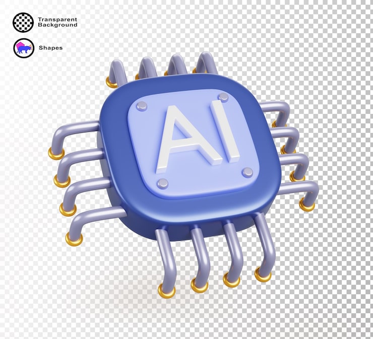 PSD 3d 인공지능 ai  프로세서 gpu 아이콘 ai 기술 데이터 처리 및 기계 학습을위한 마이크로 회로 컴퓨터 회로 보드를  바탕에 고립합니다.