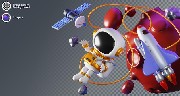3d astronaut and spaceship in outer space Render cartoon spaceman character in spacesuit floating in zero gravity exploring red mars planet among flying rock asteroids and satellite