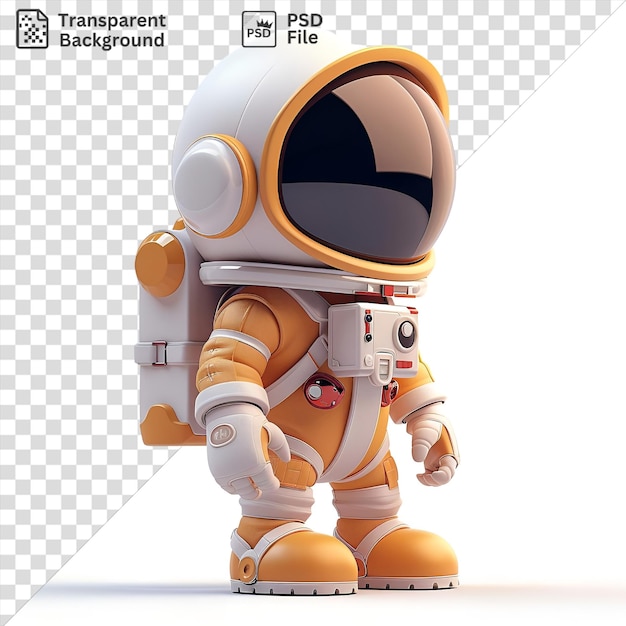 3d astronaut cartoon exploring space with a white toy and yellow arm