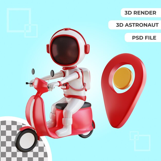 3d 우주 비행사 캐릭터는 격리된 프리미엄 psd에서 스쿠터를 타고 있습니다.