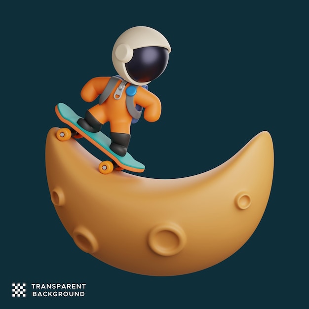 3d astronauta che gioca a skateboard su una falce di luna. illustrazione carina